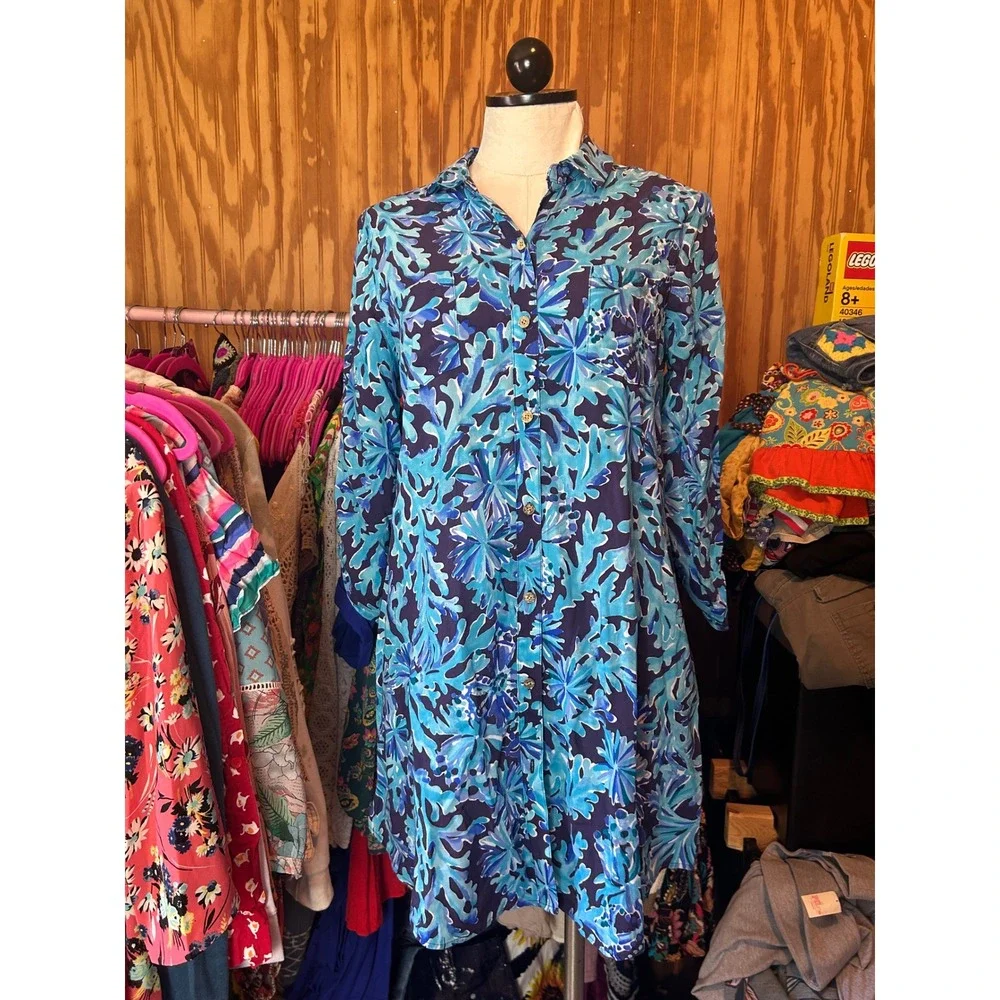 Lilly Pulitzer Blue‎ Floral Coral Print Rayon Button Down Shirt Dress XS Beach